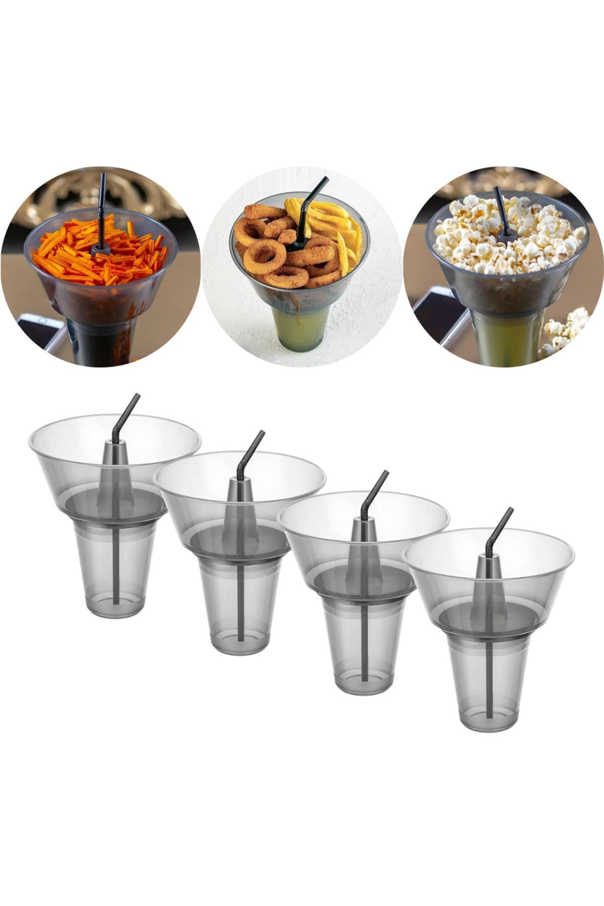4 Adet Pipetli Bardaklı Pop Corn Kovası Atıştırma Çerez Tabağı Kuruyemiş Patlamış Mısır Cips