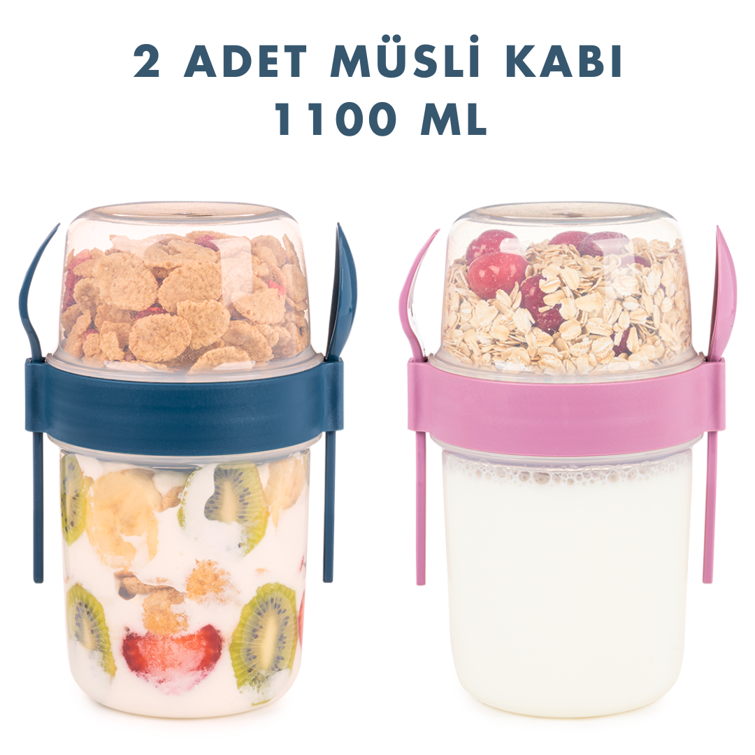 2li Set 1100 ml Take-go Kaşıklı Hazneli Meyveli Yoğurt Kabı Piknik Atıştırmalık Granola Süt Bardak