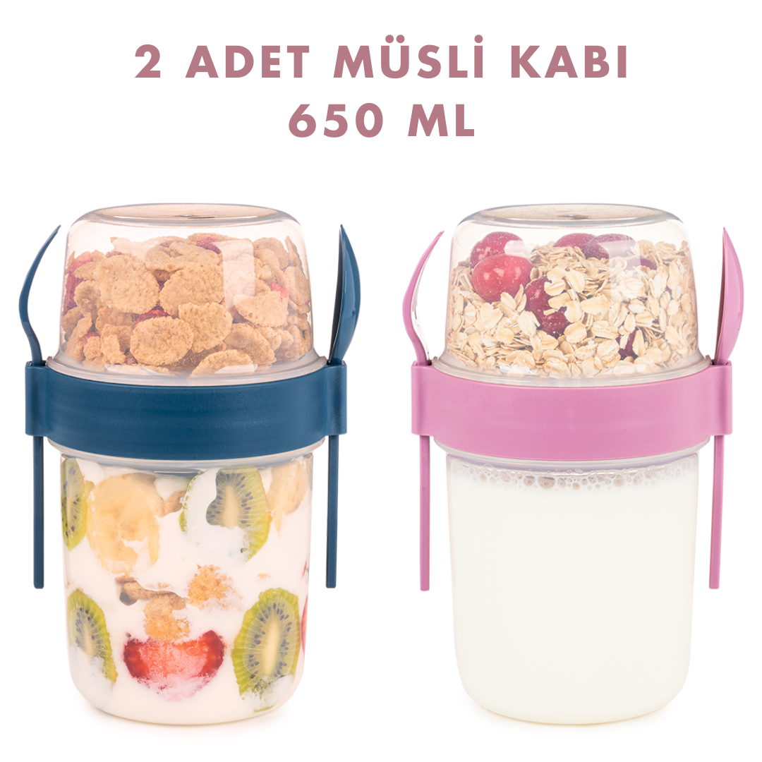 2li Set 650 ml Take-go Kaşıklı Hazneli Meyveli Yoğurt Kabı Piknik Atıştırmalık Granola Süt Bardağı