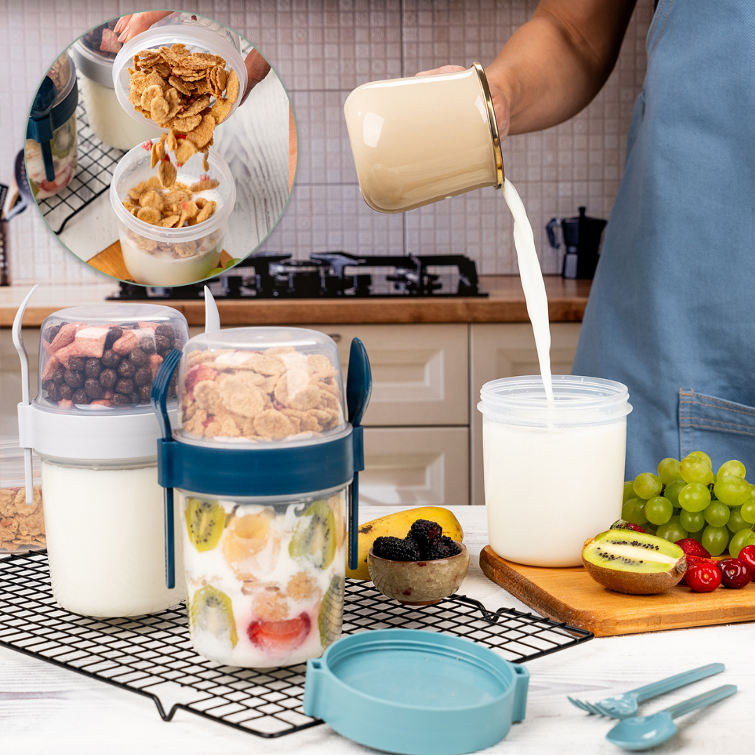 1100 ml Take-go Kaşıklı Hazneli Meyveli Yoğurt Kabı Piknik Atıştırmalık Granola Yoğurt Süt Bardağı