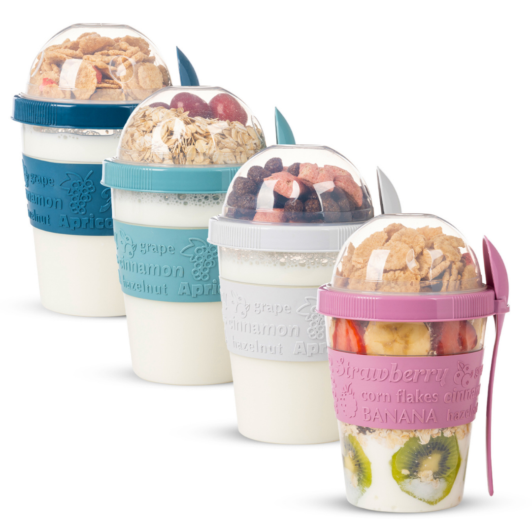 4'lü Take N Go Kaşıklı Hazneli Meyveli Yoğurt Kabı Piknik Iş Atıştırmalık Müsli Granola Süt Bardağı