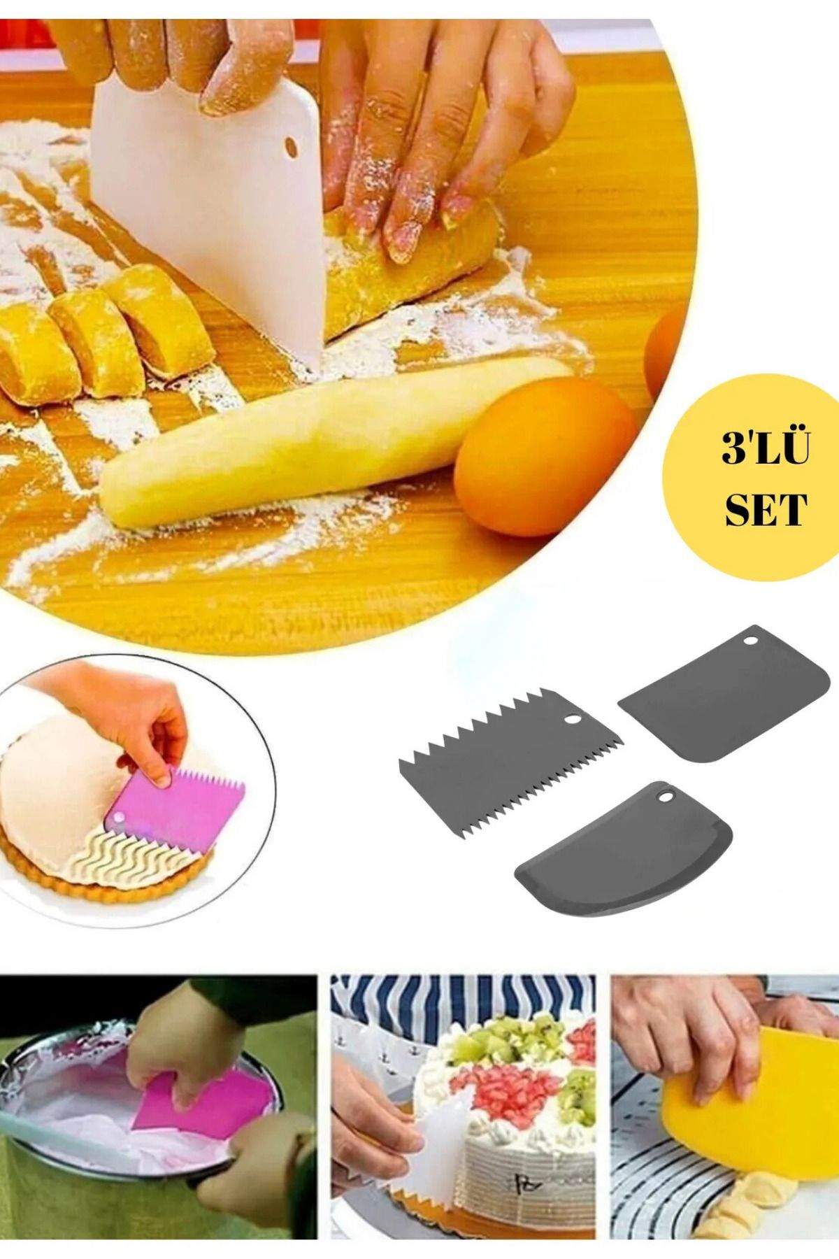 Plastik Hamur Pasta Kesici Kazıyıcı Şekillendirici Yoğurucu Aparat 3’lü