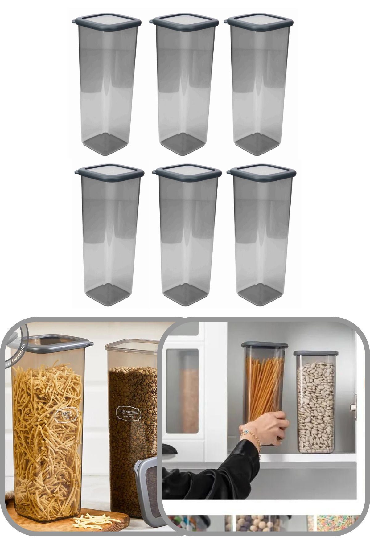 2000 ml Gri Kare Saklama Kabı Silikon Kapak Hava Geçirmez Kuru Baklagil Kahve Bakliyat Makarna Kutu