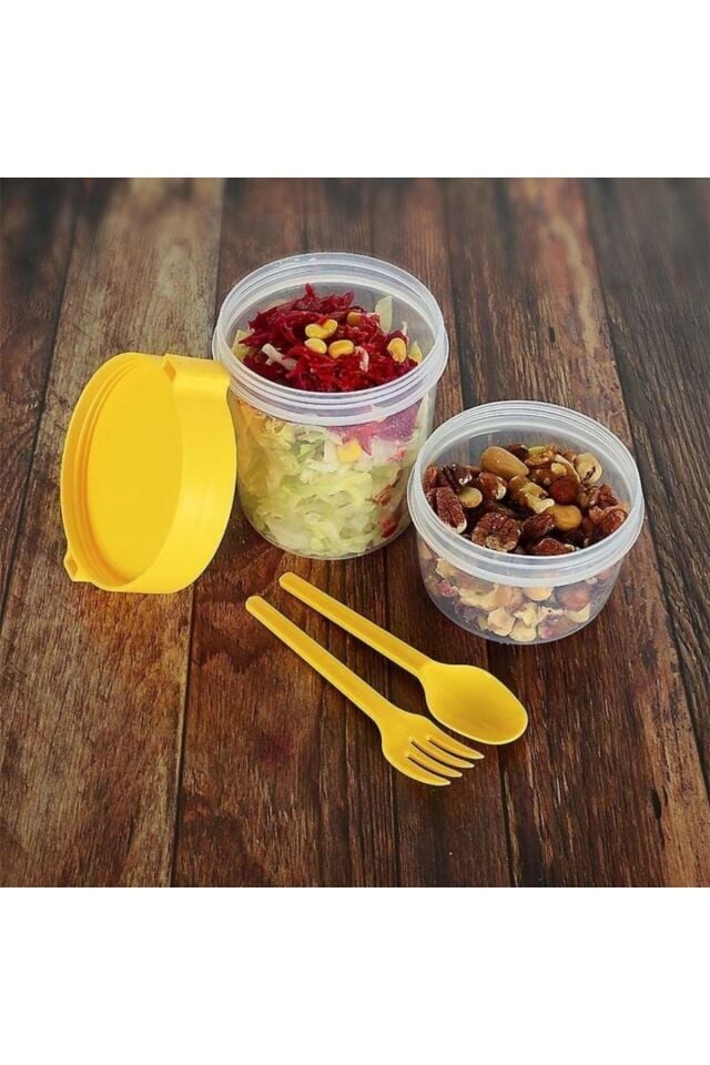 2li Set 1100 ve 650 ml Kaşıklı Hazneli Meyveli Yoğurt Kabı Piknik Atıştırmalık Plastik Süt Bardak