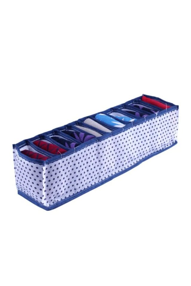 1 Adet Çekmece Içi Akordiyon Bölmeli Organizer, Puantiyeli Mavi Beyaz  11 Gözlü Kumaş Katlanabilir