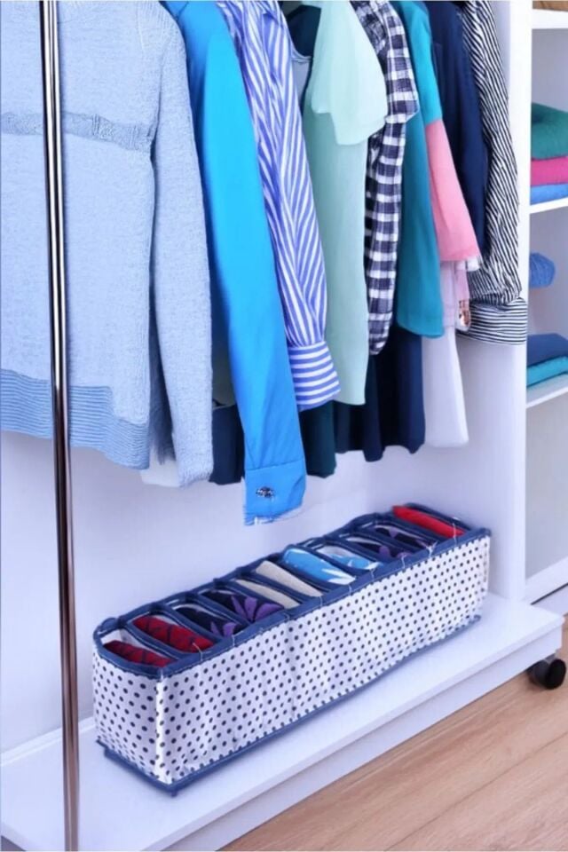 1 Adet Çekmece Içi Akordiyon Bölmeli Organizer, Puantiyeli Mavi Beyaz  11 Gözlü Kumaş Katlanabilir