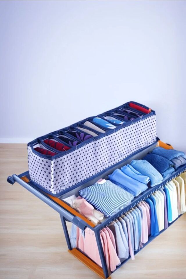 1 Adet Çekmece Içi Akordiyon Bölmeli Organizer, Puantiyeli Mavi Beyaz  11 Gözlü Kumaş Katlanabilir