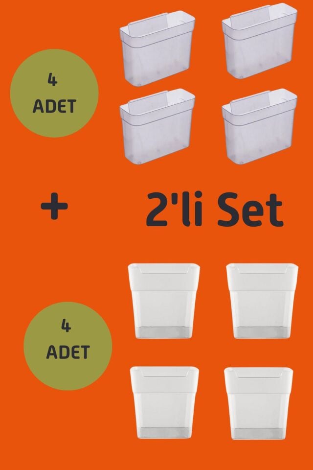 2'li Set  4+4: 8 Adet Buzdolabı Kapak İçi Raf Çok Amaçlı Mini Kutu Seti Asılabilir Askılı Kap