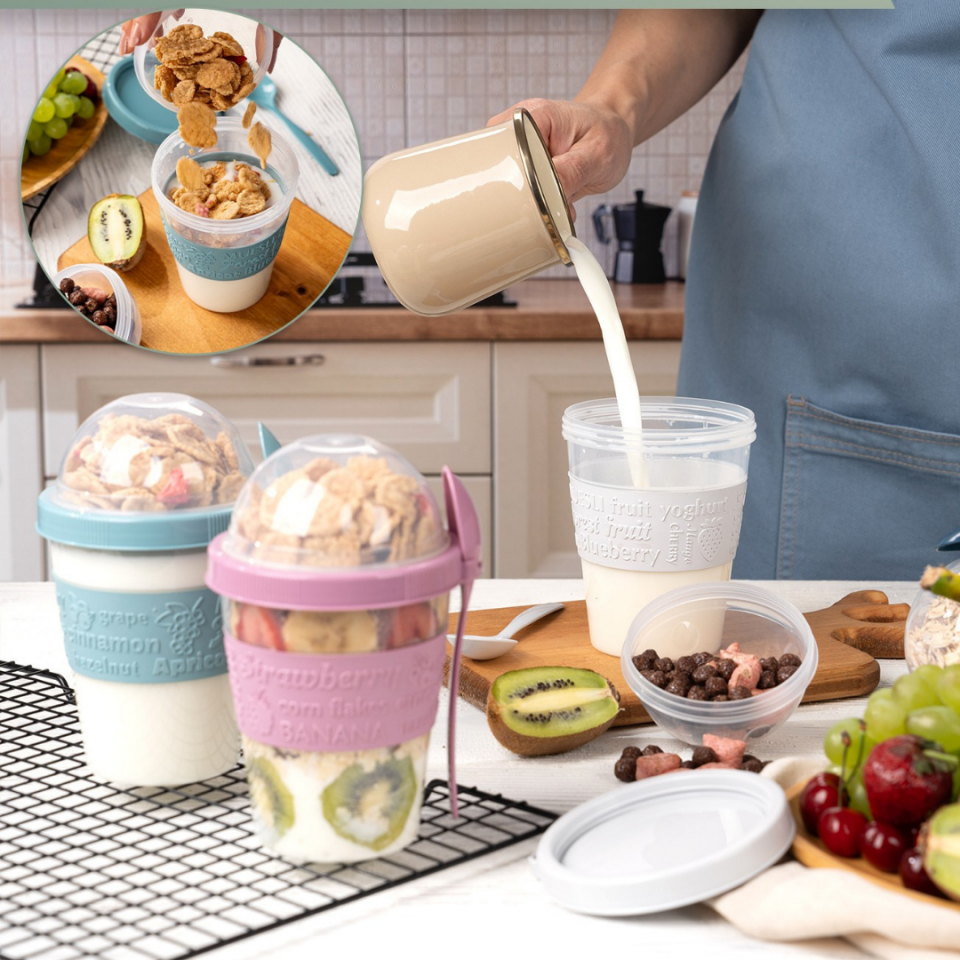 2 Adet Take N Go Kaşıklı Hazneli Meyveli Yoğurt Kabı Piknik Iş Atıştırmalık Müsli Granola Süt Bardak