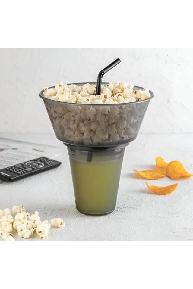 2li Set Pratik Pipetli Bardaklı Pop Corn Kovası Atıştırma Çerez Tabağı Kuruyemiş Patlamış Mısır Cips