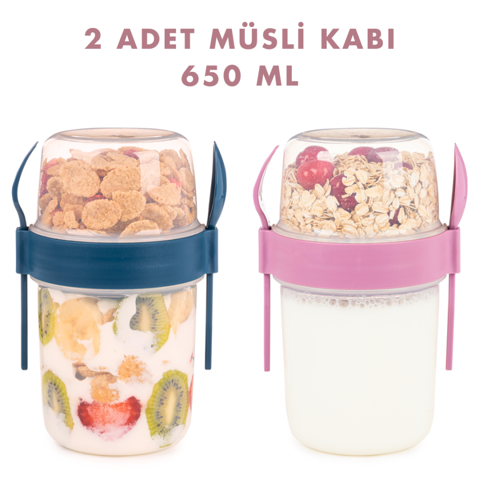 2li Set 650 ml Take-go Kaşıklı Hazneli Meyveli Yoğurt Kabı Piknik Atıştırmalık Granola Süt Bardağı
