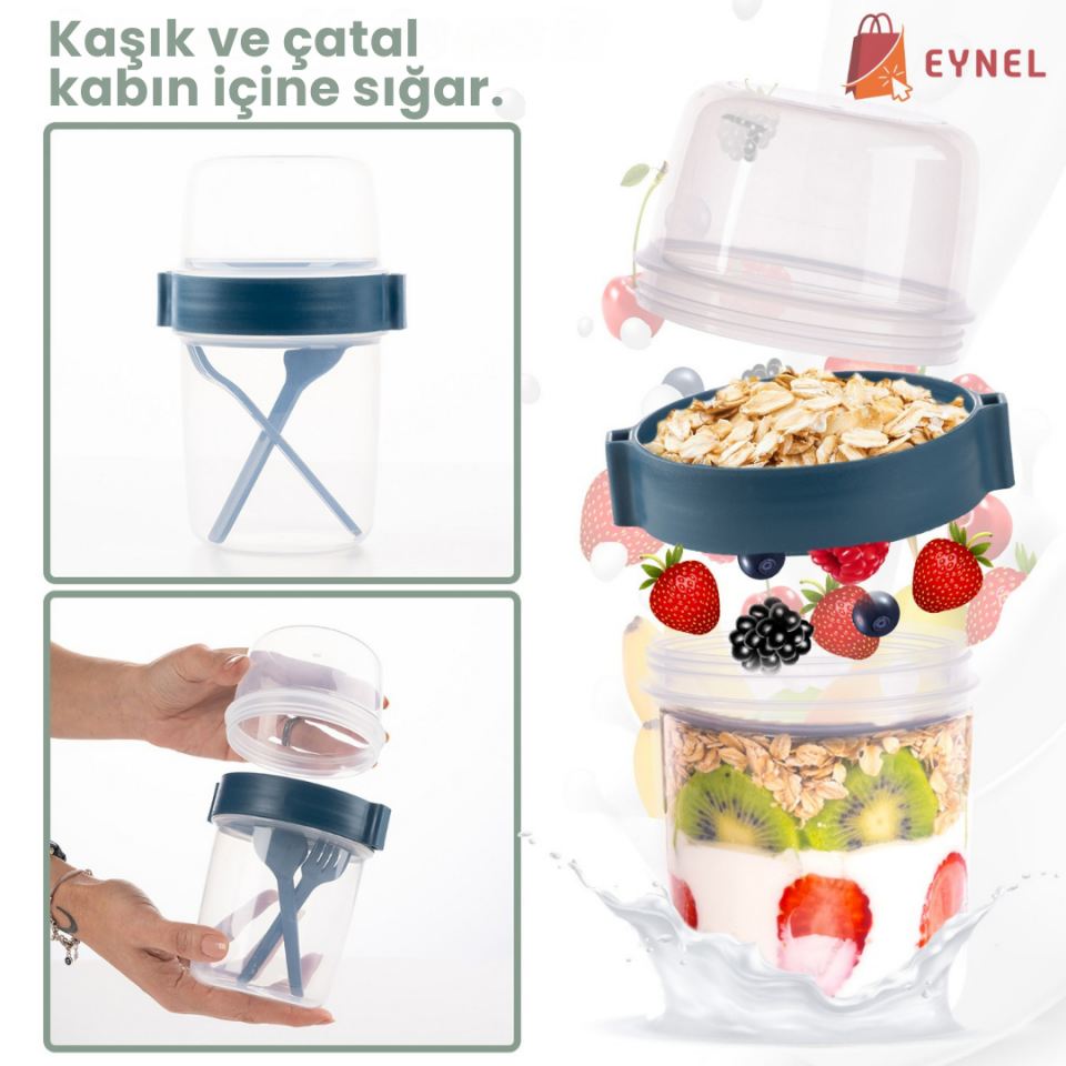 1100 ml Take-go Kaşıklı Hazneli Meyveli Yoğurt Kabı Piknik Atıştırmalık Granola Yoğurt Süt Bardağı
