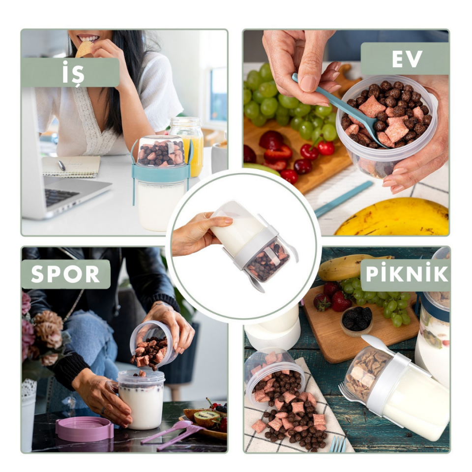 1100 ml Take-go Kaşıklı Hazneli Meyveli Yoğurt Kabı Piknik Atıştırmalık Granola Yoğurt Süt Bardağı