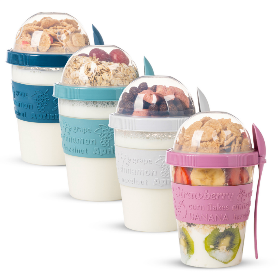 4'lü Take N Go Kaşıklı Hazneli Meyveli Yoğurt Kabı Piknik Iş Atıştırmalık Müsli Granola Süt Bardağı