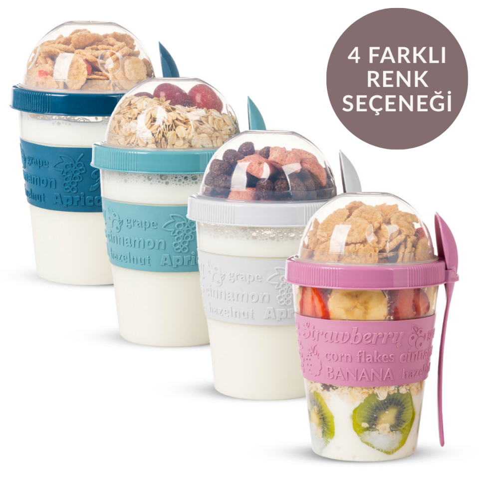 4'lü Take N Go Kaşıklı Hazneli Meyveli Yoğurt Kabı Piknik Iş Atıştırmalık Müsli Granola Süt Bardağı