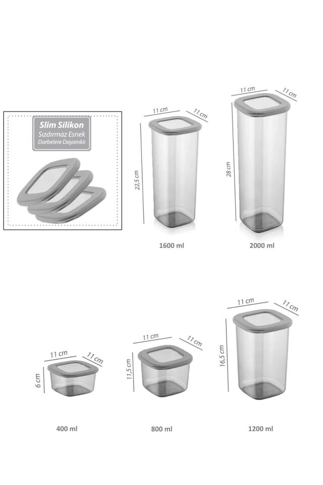 1600 ml Gri Kare Saklama Kabı Silikon Kapak Hava Geçirmez Kuru Baklagil Kahve Bakliyat Makarna Kutu