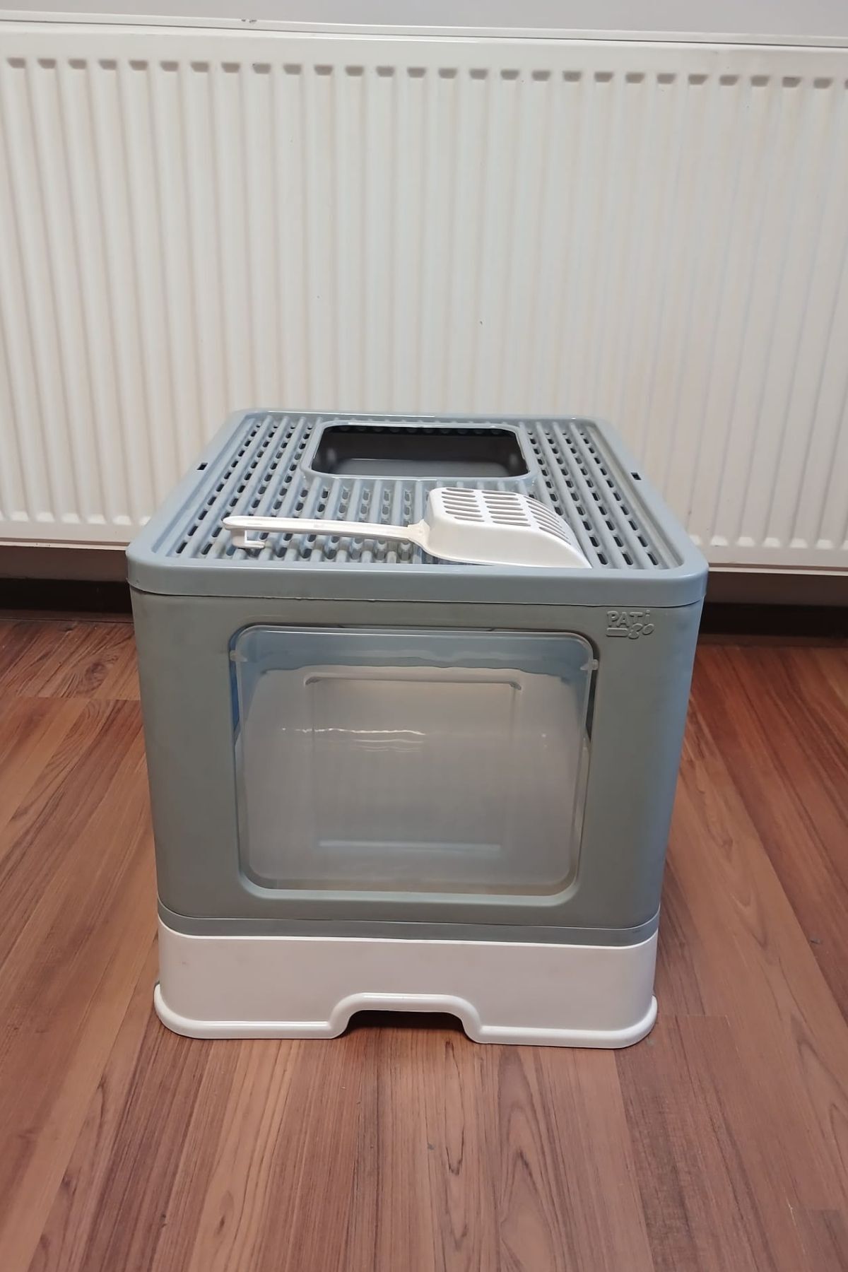 Büyük Boy Kırılmaz Kapalı Çekmeceli Kedi Tuvaleti Kedi Kumu Küreği Hediyeli Pet Bakım 38x38x49 Mavi